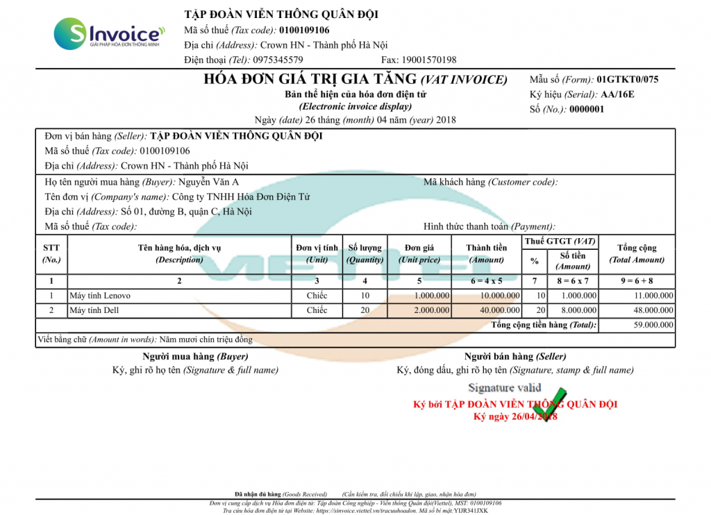 Mẫu hóa đơn điện tử