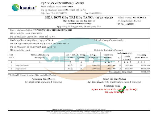 Hóa đơn điện tử mẫu đã được ký số điện tử