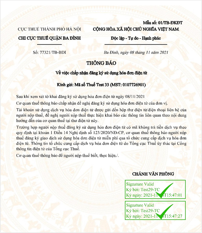 Thông báo chấp nhận tờ khai đăng ký hoặc thay đổi thông tin sử dụng hóa đơn điện tử